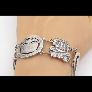 925 Sterling Silver Vintage Antique Colombian Coin Link Chain Bracelet BT2964